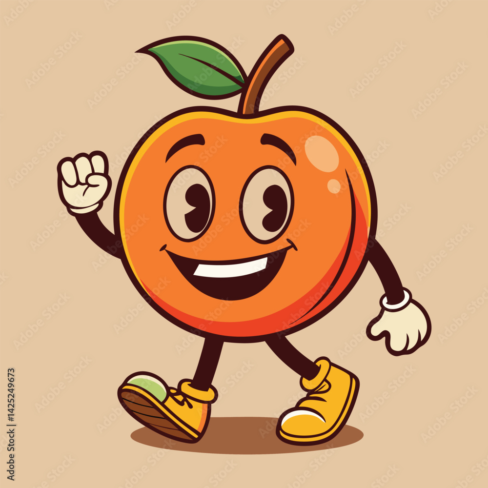 Groovy orange mascot. Funky retro character. cartoon apple, smiling, walking. Funny vintage trendy style character. Doodle Comic collection Groovy orange mascot. Funky retro character. cartoon apple, smiling, walking. Funny vintage trendy style character. Doodle Comic collection