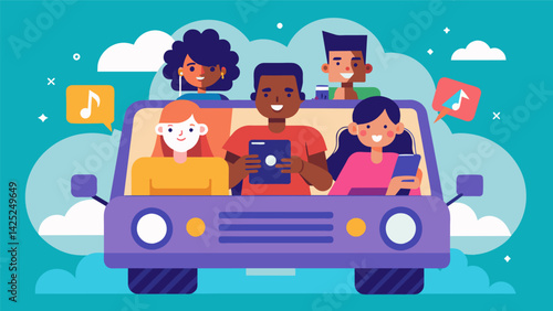 A group of friends crowded in a car scrolling through playlists and sharing their favorite artists to create a collaborative mix for their road trip. Vector illustration