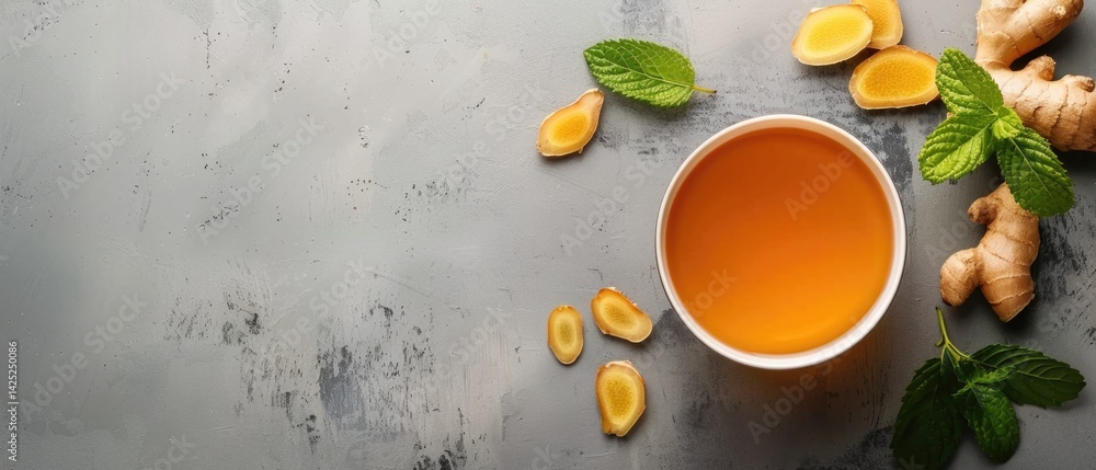 Ginger tea with fresh ginger slices and leaves on colorful background. Flat lay composition with copy space for herbal tea and wellness design. Top view of ginger tea cup decorated with ginger. AIG55. Ginger tea with fresh ginger slices and leaves on colorful background. Flat lay composition with copy space for herbal tea and wellness design. Top view of ginger tea cup decorated with ginger. AIG55.