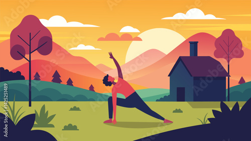 A rural landscape is bathed in the warm glow of dawn as a person performs a series of stretching exercises in their backyard.. Vector illustration