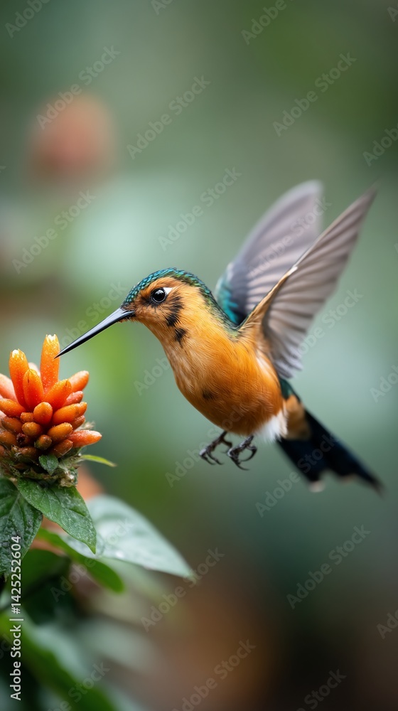Fototapeta premium Hummingbird hovers near an orange flower, wings outstretched. Detailed feathers and vibrant colors visible