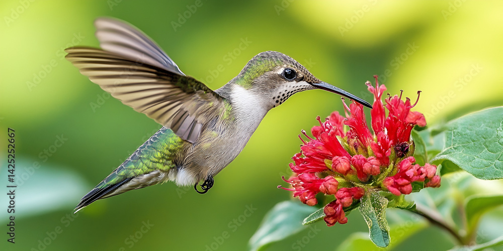 Fototapeta premium Hummingbird Feeding from Red Flower, Close-up of Hummingbird Hovering Over Flower, Tiny Hummingbird on Vibrant Red Flower