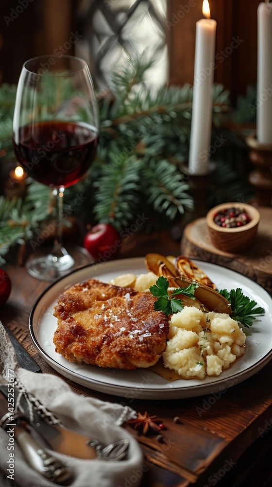 Delicious Wiener Schnitzel Dinner with Mashed Potatoes and Roasted Potatoes Festive Christmas Setting Delicious Wiener Schnitzel Dinner with Mashed Potatoes and Roasted Potatoes Festive Christmas Setting