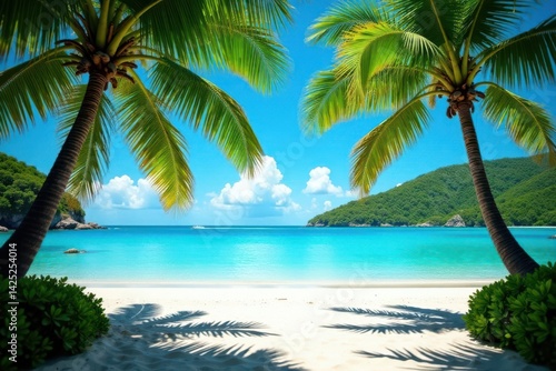 Lush palm trees frame turquoise Mallorcan sea  Spain  nature
