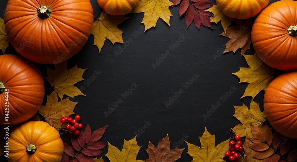 Pumpkin and Fall Leaves on Black Background Pumpkin and Fall Leaves on Black Background