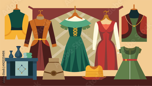 A display of medievalinspired clothing featuring corsets tunics and cloaks found at various thrift shops.. Vector illustration