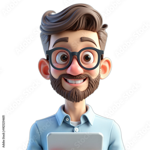 3d icon avatar cartoon hipster character, stylish smiling man with beard with tablet, cartoon close up portrait Isolated on transparent background, ideal for web graphics, app icons, social media,