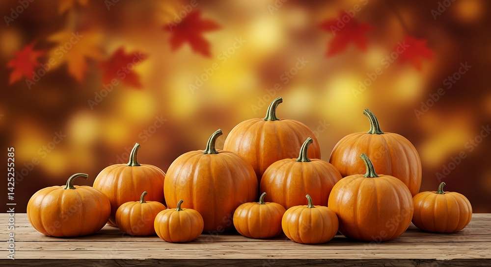 Pumpkins on Wooden Table with Autumn Leaves Background Pumpkins on Wooden Table with Autumn Leaves Background