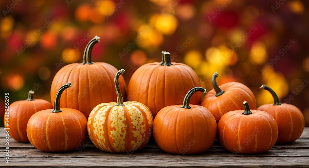 Pumpkins on Wood Table Autumn Background Pumpkins on Wood Table Autumn Background