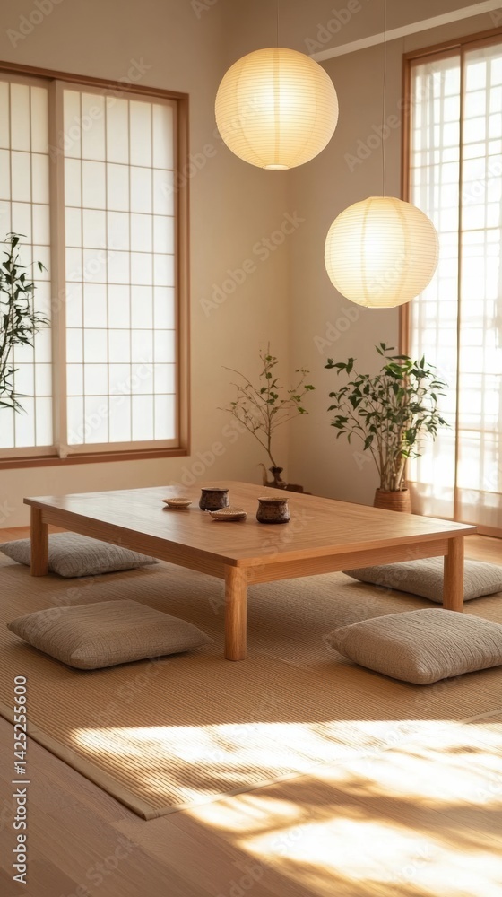 Fototapeta premium Serene Minimalist Japanese Tea Room Interior Design with Warm Sunlight and Paper Lanterns
