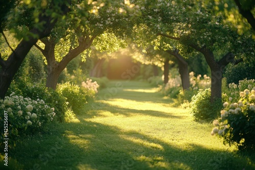 Beautiful park path with sun shining through green trees and flowers. For projects about nature, parks, tranquility, or spring season.