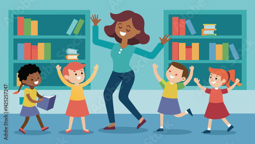 A librarian leads a short energizing dance break for young readers during story time at the library.. Vector illustration