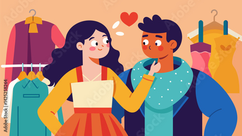A couple whispers to each other in awe as they look through a wide selection of costumes at a childrens consignment sale impressed by the unique. Vector illustration
