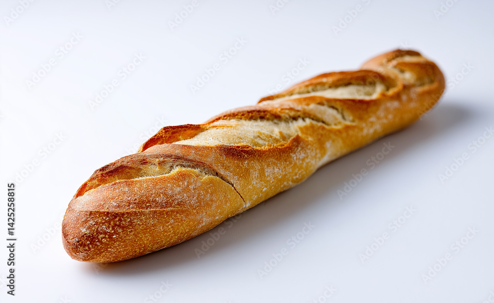 Freshly baked baguette with a golden crust placed on a white background.
Freshly baked baguette with a golden crust placed on a white background.