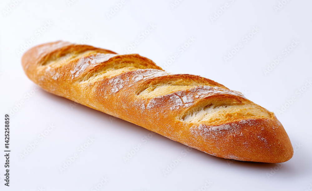 Freshly baked baguette with a golden crust placed on a white background.
Freshly baked baguette with a golden crust placed on a white background.