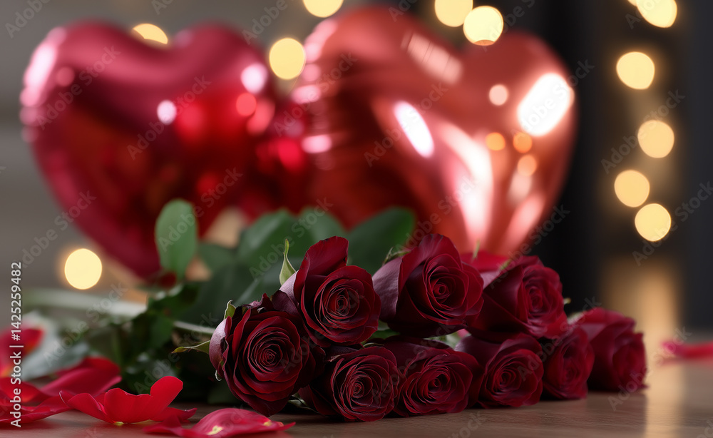 Romantic bouquet of red roses with scattered petals and heart-shaped balloons in a soft glowing background.
Romantic bouquet of red roses with scattered petals and heart-shaped balloons in a soft glowing background.