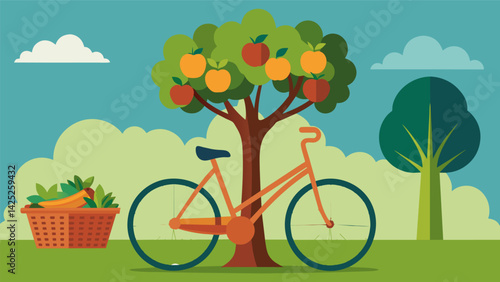 A bicycle leaning against a tree with a basket filled with fresh produce. The image promotes the idea of ecofriendly and sustainable choices for a.