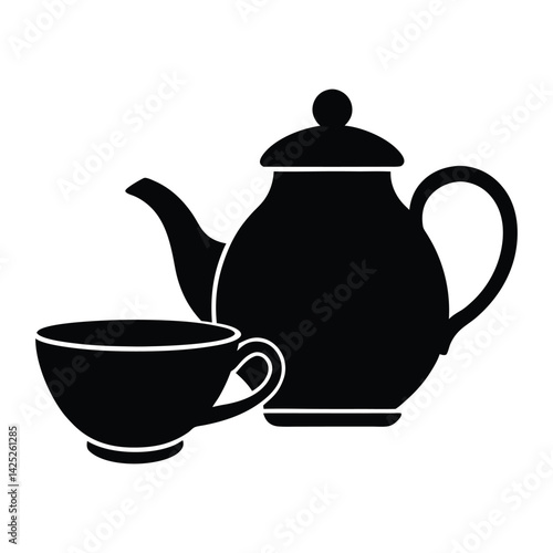 A traditional brown ceramic teapot and white china cup offer a hot tea beverage isolated as breakfast dishware