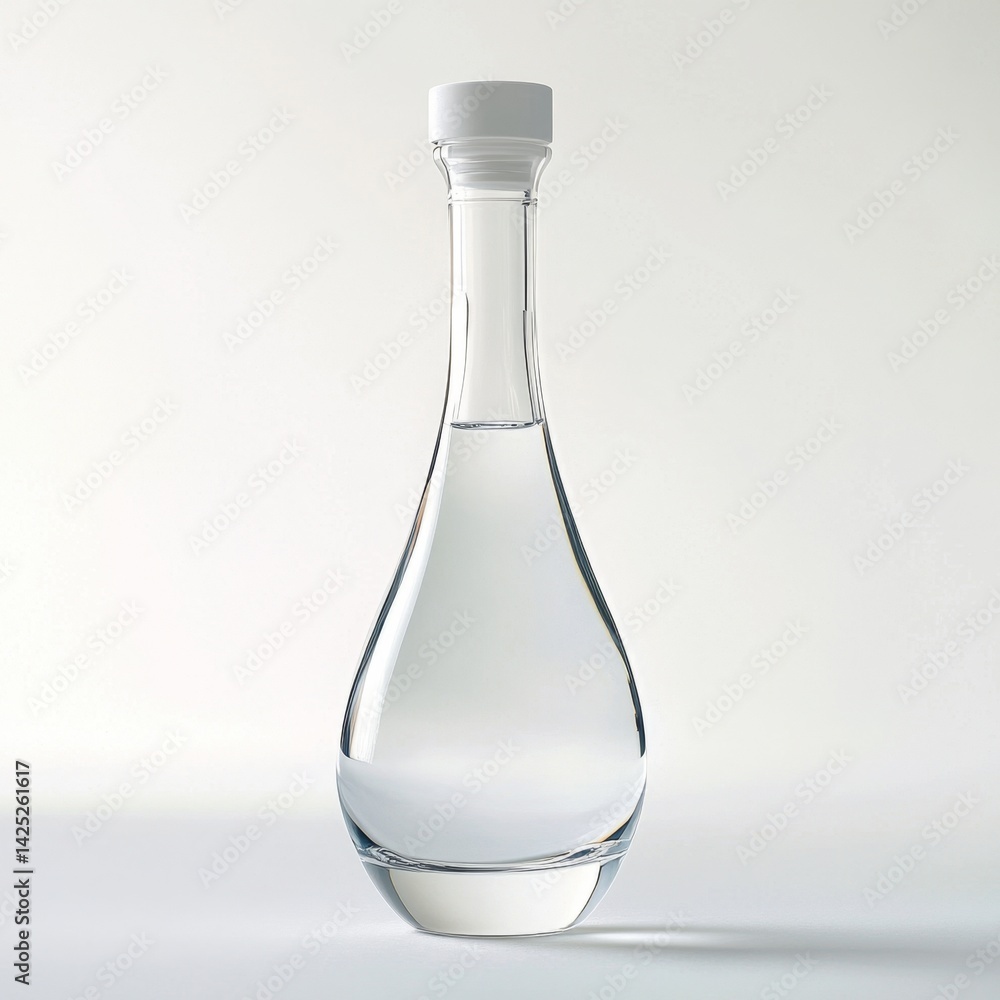 Clear glass bottle, liquid, studio, white background, packaging Clear glass bottle, liquid, studio, white background, packaging