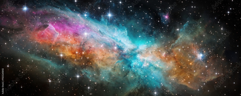 Obraz premium A vibrant cosmic landscape featuring colorful nebulae and sparkling stars, showcasing the beauty of the universe.