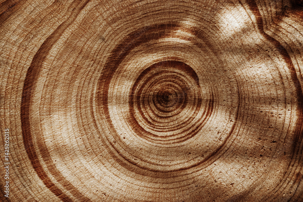 Natural wooden background, close up wood texture annual rings form. Top view of cross section of juniper log, graphic nature organic pattern. Sawed timber close up with tree ring pattern