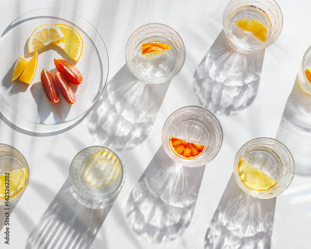 Citrus Infused Water in clear Glasses casting artistic light rainbow reflections and shadows at sunlight. Summer drink concept, minimal style pattern, flavored water with yellow red slices of fruit