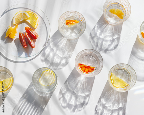 Citrus Infused Water in clear Glasses casting artistic light rainbow reflections and shadows at sunlight. Summer drink concept, minimal style pattern, flavored water with yellow red slices of fruit