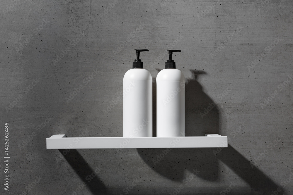 Two minimalist white bottles with black pump caps on white shelf against texture gray concrete background. Neutral tones minimalist interior design bathroom. Skincare, body care, beauty products