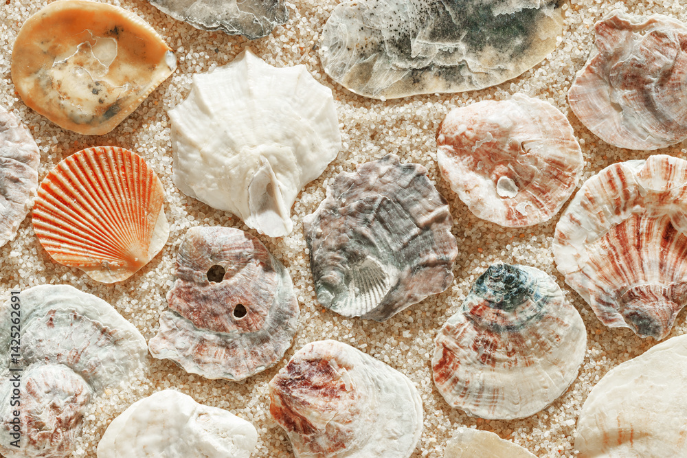 Collection of seashells scattered on fine sand, minimal nature pattern at soft sunlight, natural oceanic and summer textures, beach mood and sea style background, summer relaxation, harmony