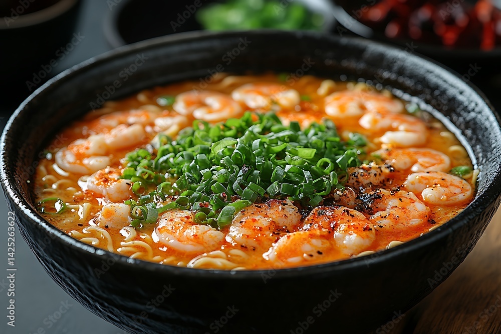 A steaming bowl of spicy shrimp ramen noodles A steaming bowl of spicy shrimp ramen noodles