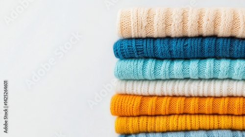 A stack of colorful knitted sweaters with chunky patterns, cozy atmosphere, shallow depth of field