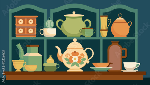 A display of antique tea sets and china showcasing the shops unique and eclectic finds.. Vector illustration
