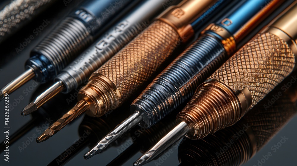 Close-up view of precision tools, various sizes and finishes Close-up view of precision tools, various sizes and finishes