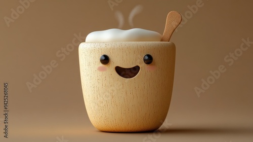 Cute wooden coffee cup with steaming milk