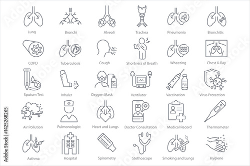 Icon set of respiratory diseases with lung, asthma, cough, and line stroke elements. Editable illustrations for copd, bronchitis, pneumonia, and other medical topics.