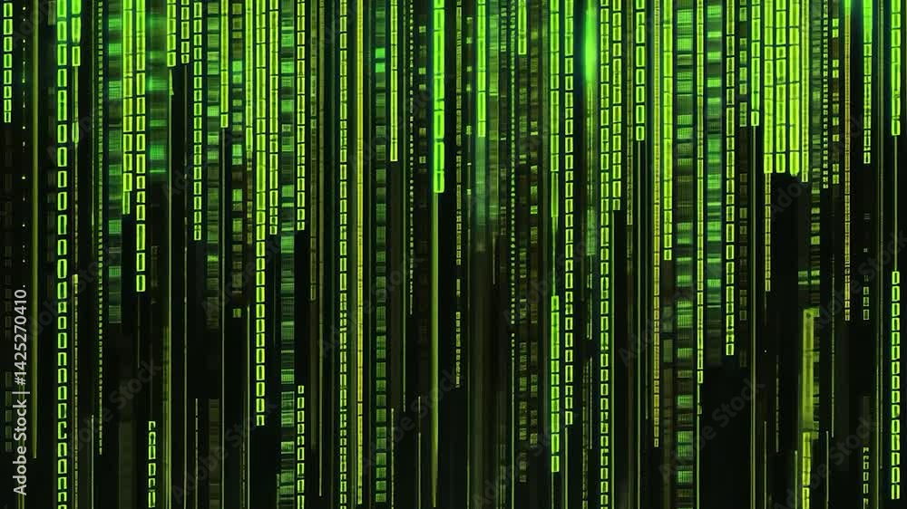 Vertical columns of green binary code. Vertical columns of green binary code.