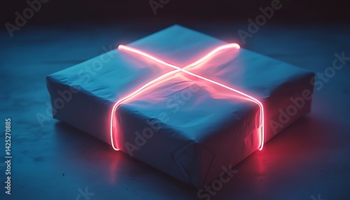 Gift Box, Neon Lights, Dark Background