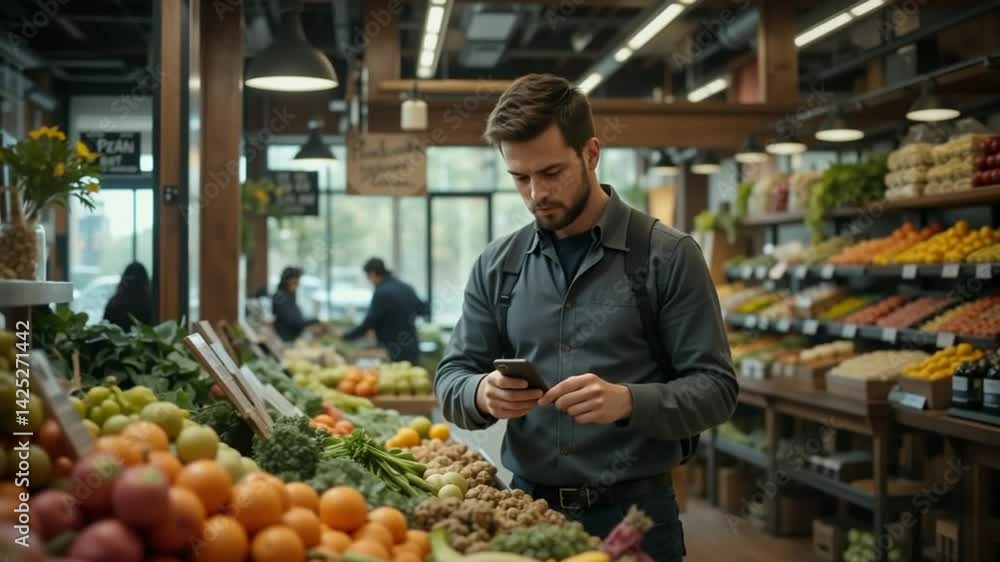 Man Using Phone While Shopping for Produce in Market Man Using Phone While Shopping for Produce in Market