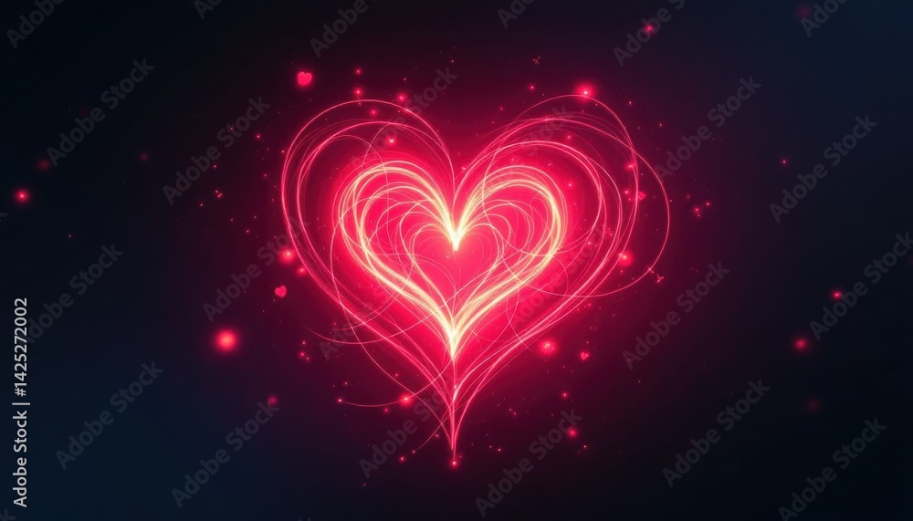Bright red light trails intertwine to create a stunning heart shape against a deep, dark background. The swirling patterns and glowing edges add a magical touch, enhancing the heart's romantic essence Bright red light trails intertwine to create a stunning heart shape against a deep, dark background. The swirling patterns and glowing edges add a magical touch, enhancing the heart's romantic essence