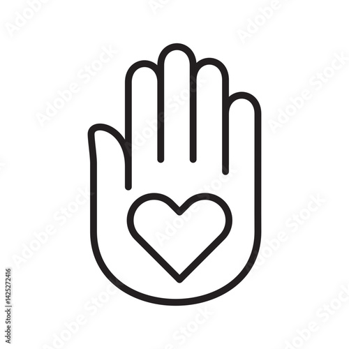 Palm hand with heart love symbol on it icon. Donation and charity icon. Symbol of fundraising, compassion, philanthropy, giving, care, humanity. Vector illustration.