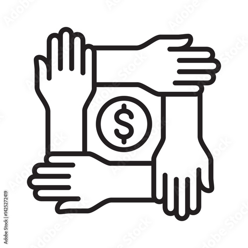 Charity and donation icon. Many Hands together giving money icon. Symbol of fundraising, solidarity, humanity, compassion, philanthropy, giving. Vector illustration