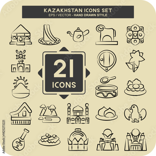 Icon Set Kazakhstan. related to Kazakhstan symbol. hand drawn style. design editable