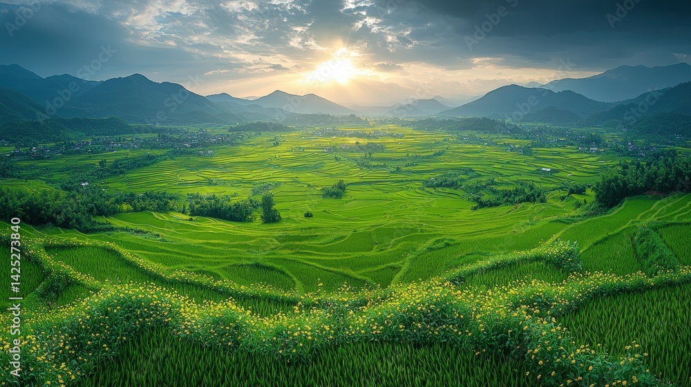 Aerial perspective of vibrant rice fields in golden and green hues, showcasing orderly square farmland from above. Drone-captured agriculture scenery with lush vegetation and abundant harvest, Aerial perspective of vibrant rice fields in golden and green hues, showcasing orderly square farmland from above. Drone-captured agriculture scenery with lush vegetation and abundant harvest,