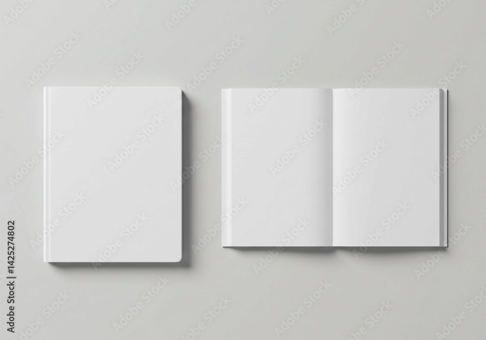 The photograph captures two blank white softcover books, one open and one closed, presented on a light gray surface as a simple and versatile mockup The photograph captures two blank white softcover books, one open and one closed, presented on a light gray surface as a simple and versatile mockup