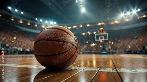 Basketball on court with hoop and stadium lights in background. 