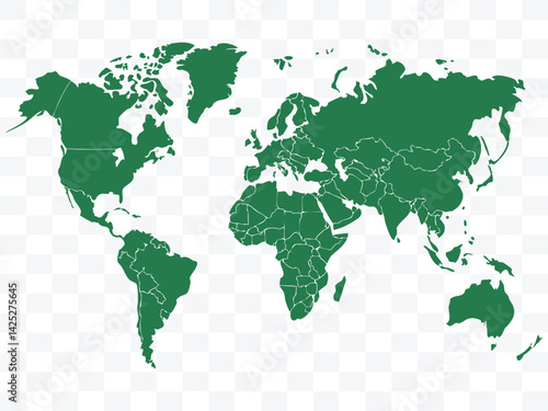 Flat green world map silhouette on transparent background, ideal for educational, environmental, and global awareness themes. High-quality vector for infographics, posters, or presentations.