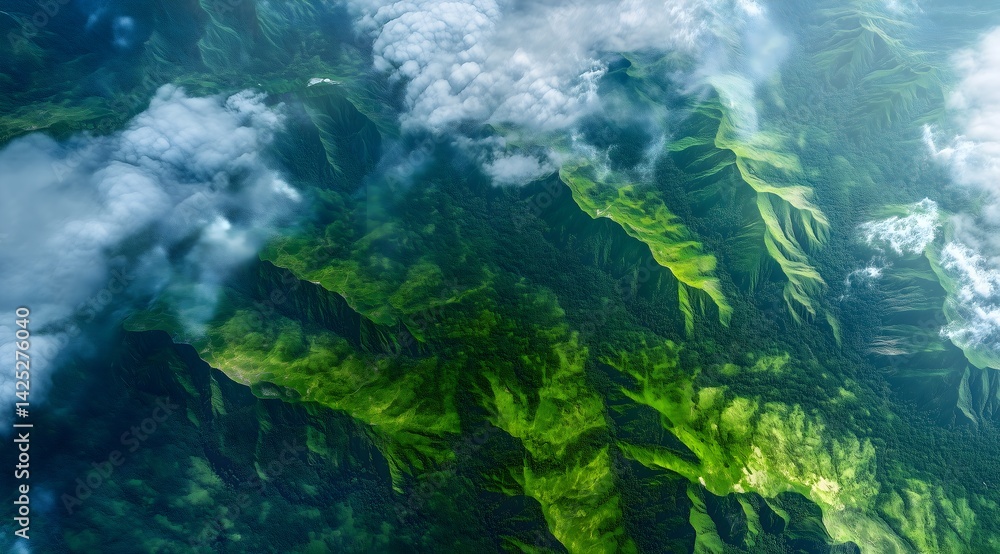 Fototapeta premium Aerial Vista of Verdant Hills: A breathtaking aerial view unveils undulating hills, draped in vibrant green foliage and shrouded in wisps of soft clouds, painted with natural light.