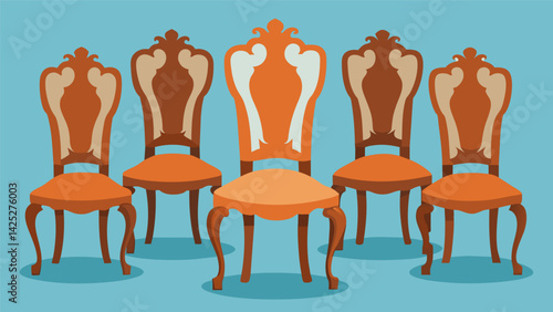A collection of Queen Anne dining chairs each with unique woodgrain patterns and delicate claw feet caught the eye of any passing antique connoisseur.. Vector illustration