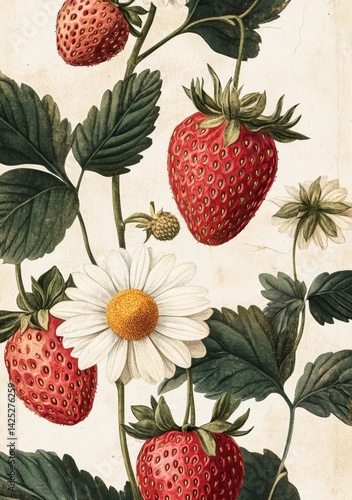 Vintage strawberry and daisy botanical illustration
