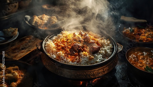 A cinematic photograph of biryani on the table, with other dishes in the background